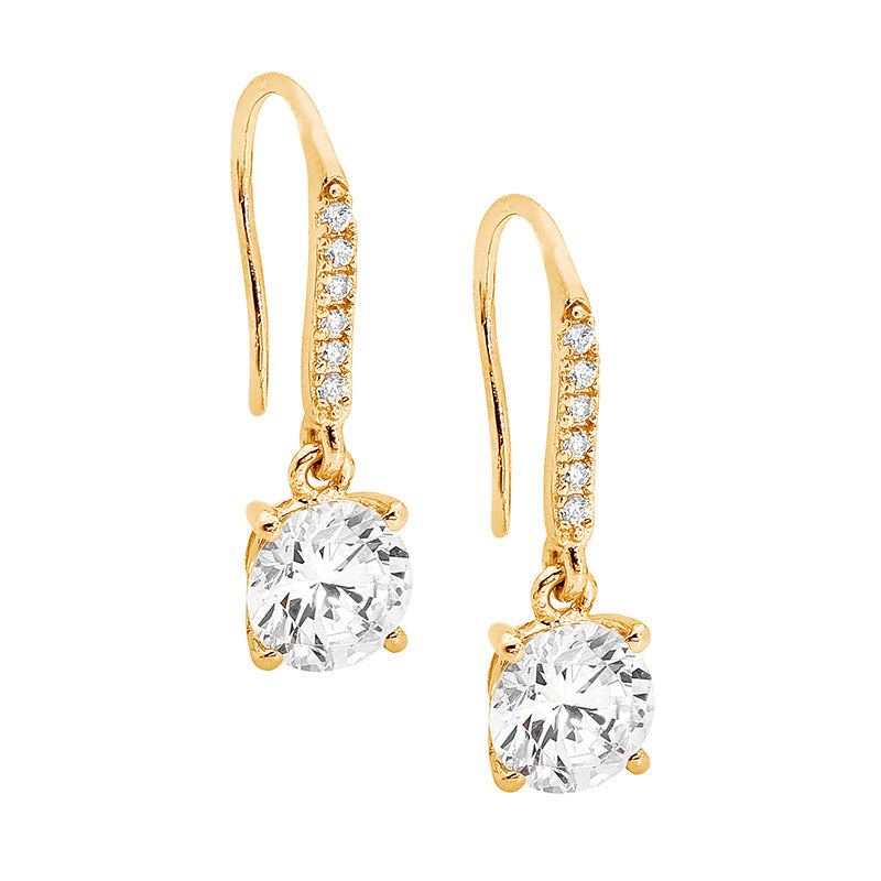 Ellani Gold Plated Shepherds Hook Earrings with Cubic Zirconia Stones