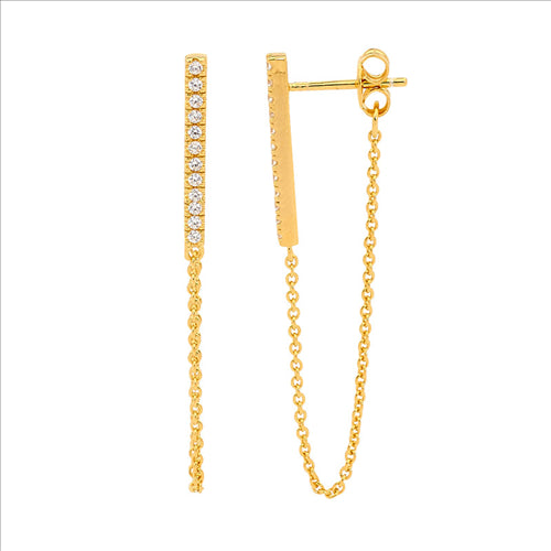 Ellani Yellow Gold Bar Earrings With Chain