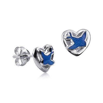 Blue Birds Stud Earrings on Silver Hearts